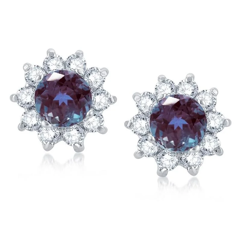 Thick bar earrings-Sterling Silver Alexandrite, White Topaz Flower Stud Earring