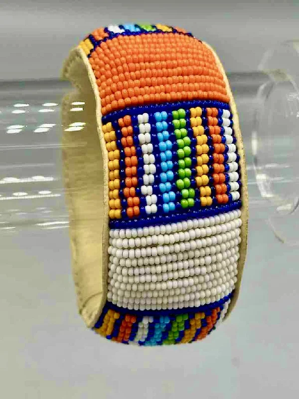 Surf motif bangles-Squares & Stripes Design Wide Beaded Leather Bracelet - Mali