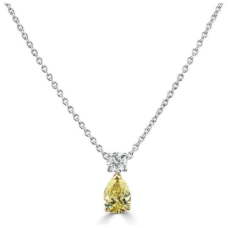 Thai style engagement rings-18ct White Gold Pear Cut Fancy Yellow Diamond & Round Brilliant Cut Diamond Drop Pendant