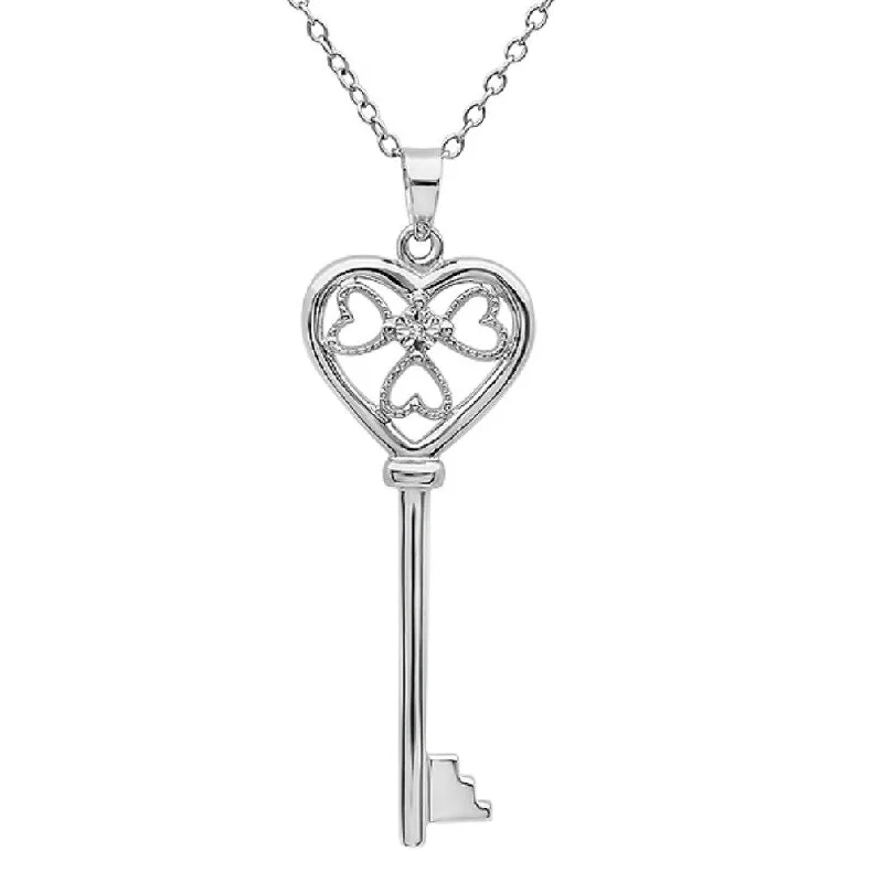 Diamond Key To Hear Heart Pendant Necklace in Sterling Silver 18 inch