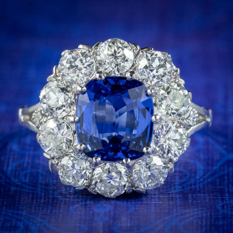 Textured letter rings-Edwardian Style Sapphire Diamond Cluster Ring 3.25ct Sapphire