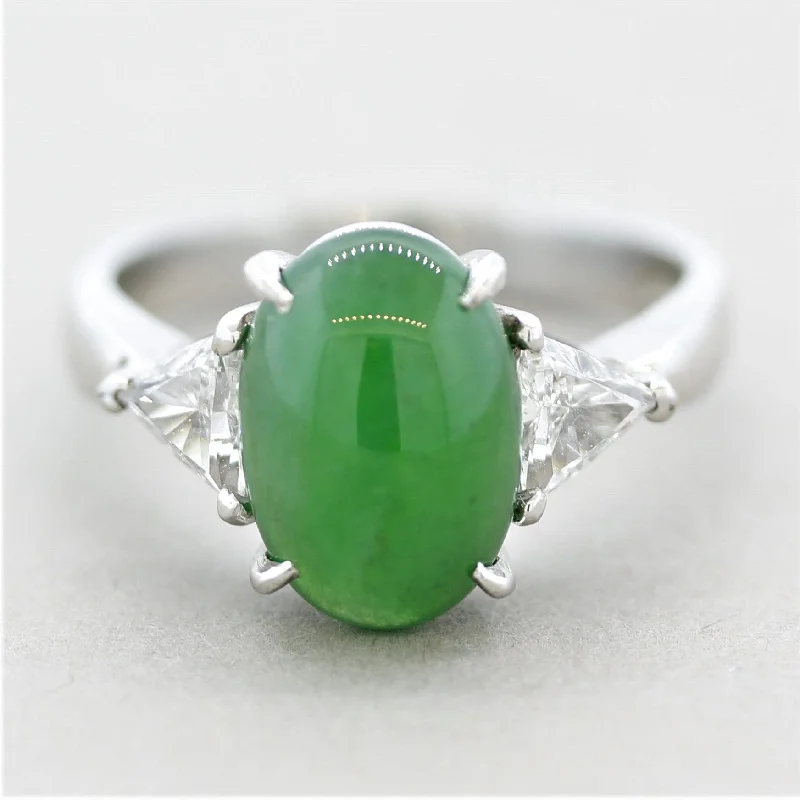 Curved gem rings-Jadeite Jade Diamond 3-Stone Platinum Ring