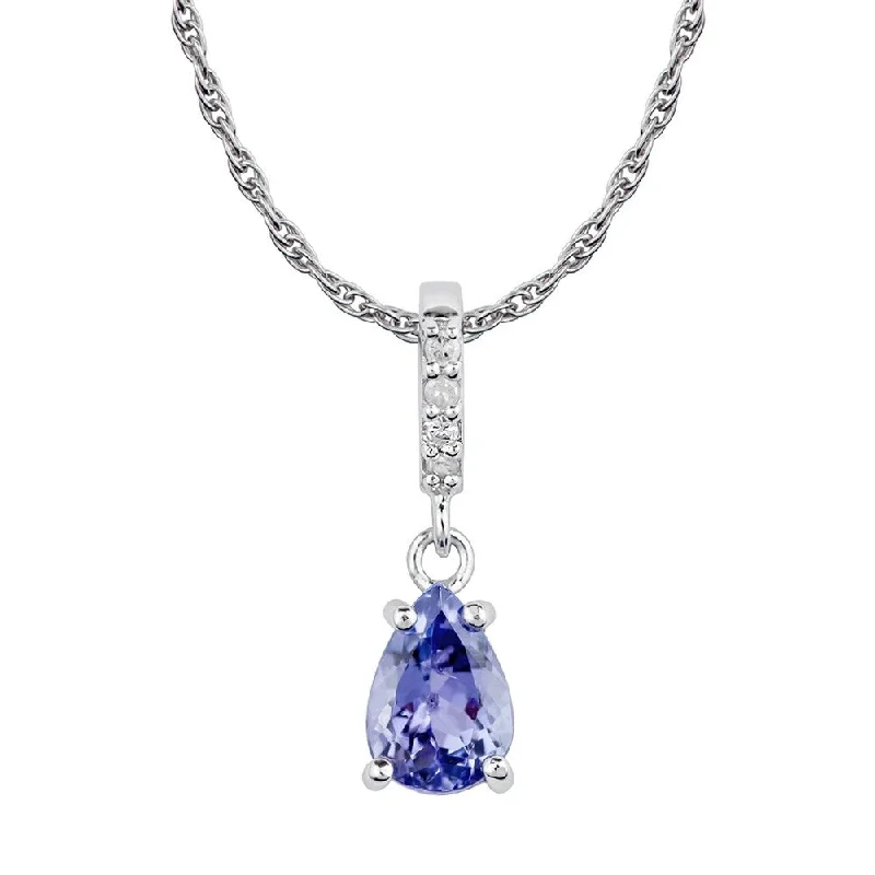 Viducci 10k White Gold Genuine Pear-Shape Tanzanite and Diamond Drop Pendant Necklace