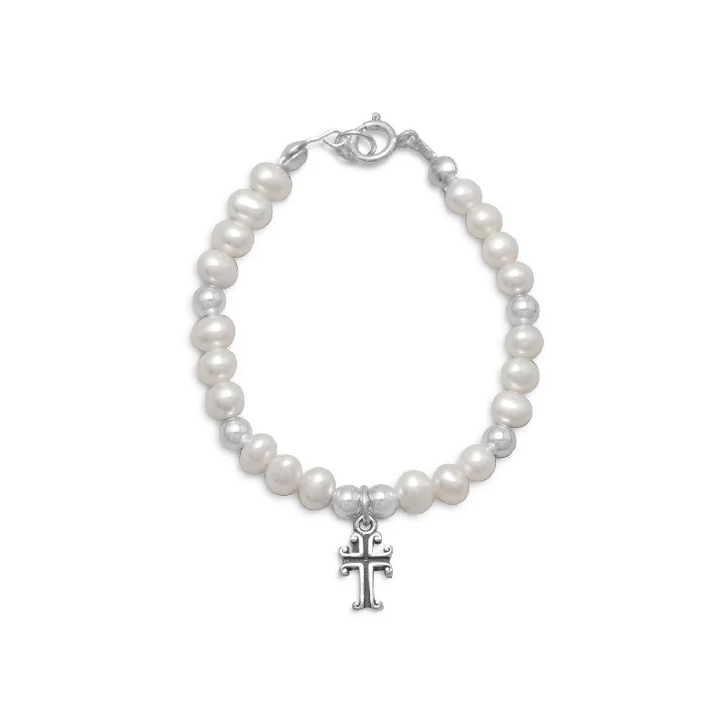 Flat twist bangles-5" White Cultured Freshwater Pearl and Silver Bead Bracelet with Cross