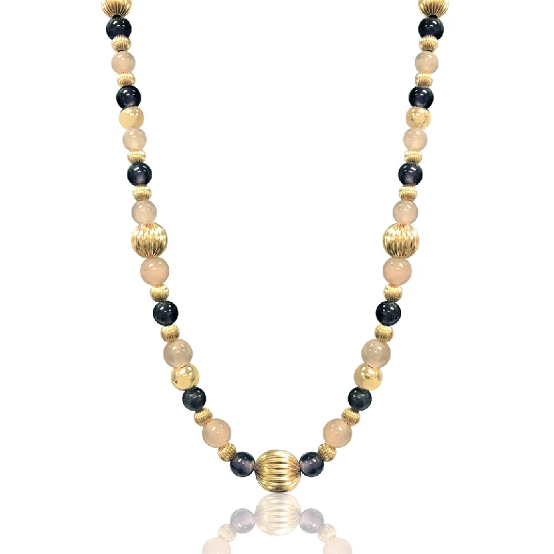 14K Yellow gold beaded necklace with amethyst and rose quartz