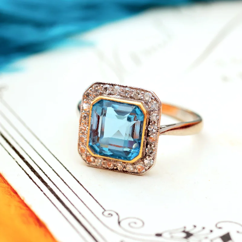 Bead trim rings-Sensational Vintage Art Deco Blue Topaz & Diamond Ring