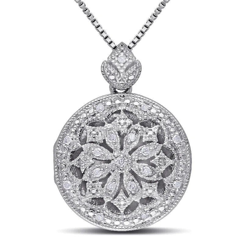 Miadora Sterling Silver 1/10ct TDW Diamond Vintage Floral Locket Necklace - 23.7 mm x 18 in x 17.1 mm