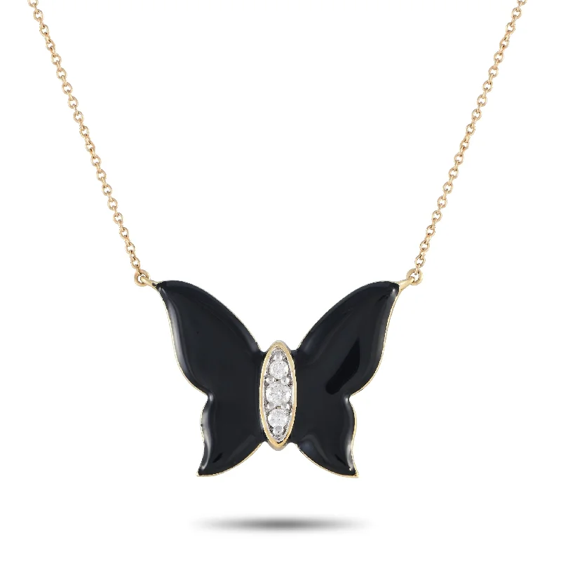 Yellow Gold 0.10ct Diamond and Onyx Butterfly Necklace PN15297 Length 18 Inch