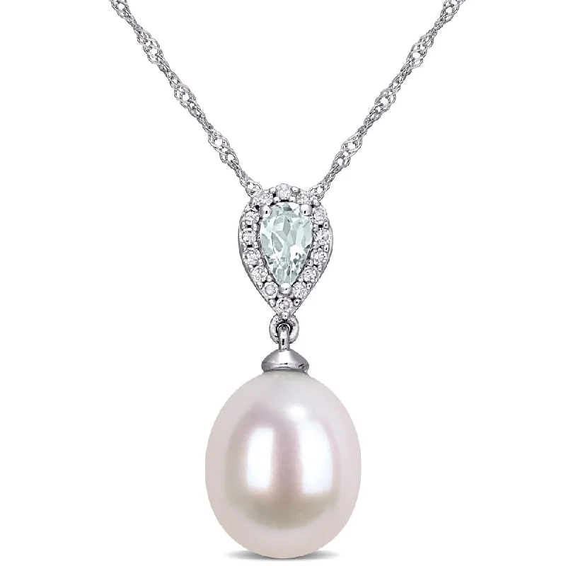 Miadora 10k White Gold Cultured Freshwater Pearl Aquamarine and Diamond Teardrop Halo Necklace (9-9.5 MM)