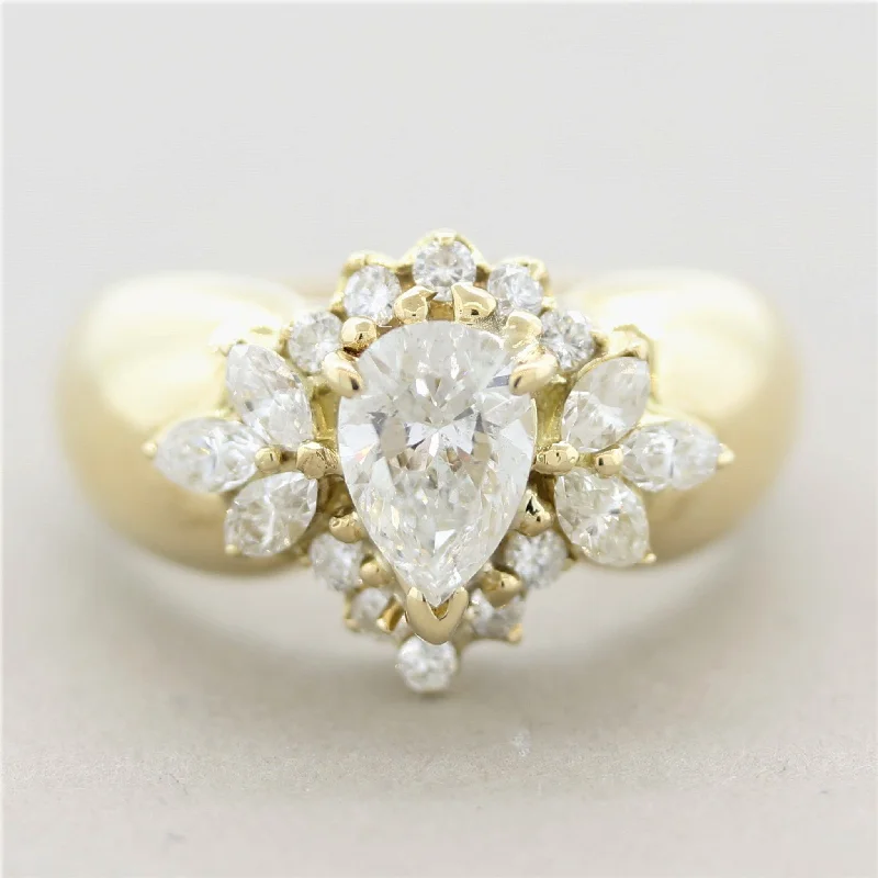 Wide band rings-Pear-Shape Diamond Gold Cluster Spray Ring