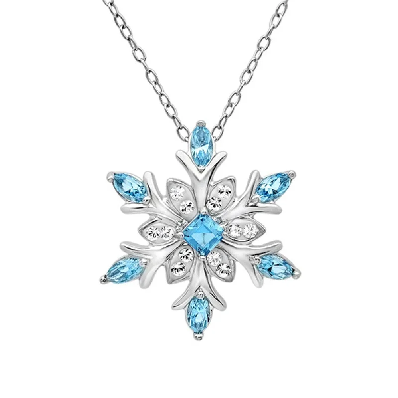 Amanda Rose Collection Blue and White Austrian Crystal Snowflake Pendant Necklace in Sterling Silver