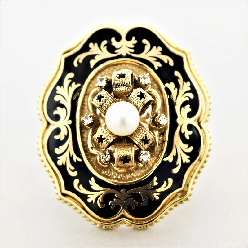 Bold druzy rings-Victorian Antique-Style Diamond Pearl Enamel Gold Cocktail Ring