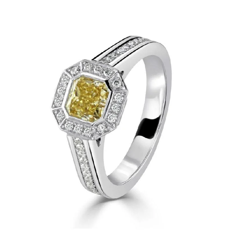 Clear quartz engagement rings-Platinum Asscher Cut Fancy Yellow Diamond & Diamond Halo Cluster Ring with Diamond Shoulders