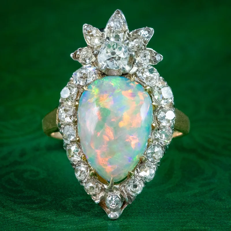 Bead row rings-Antique Victorian Opal Diamond Cluster Ring 5.5ct Opal