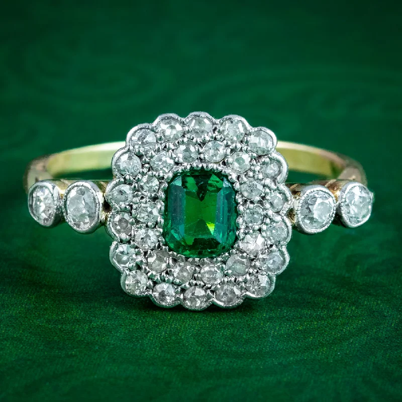 Mystic eye rings-Antique Victorian Emerald Diamond Cluster Ring 0.60ct Emerald