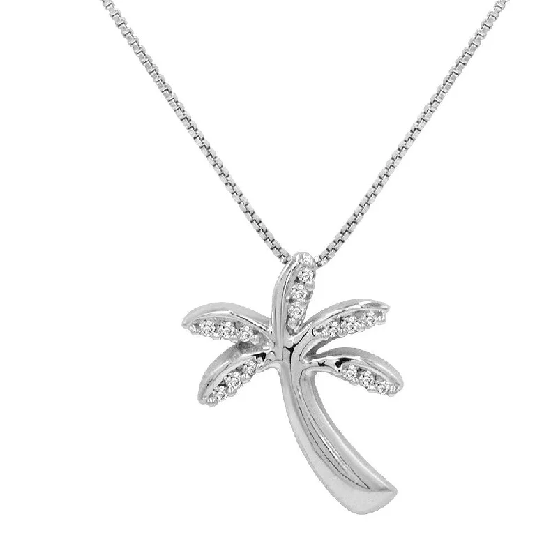 Diamond Palm Tree Pendant Necklace in Sterling Silver on an 18 in. Sterling Silver Box CHain