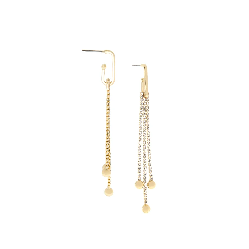 Square stud earrings-crystal/brass ball fringe drop earring