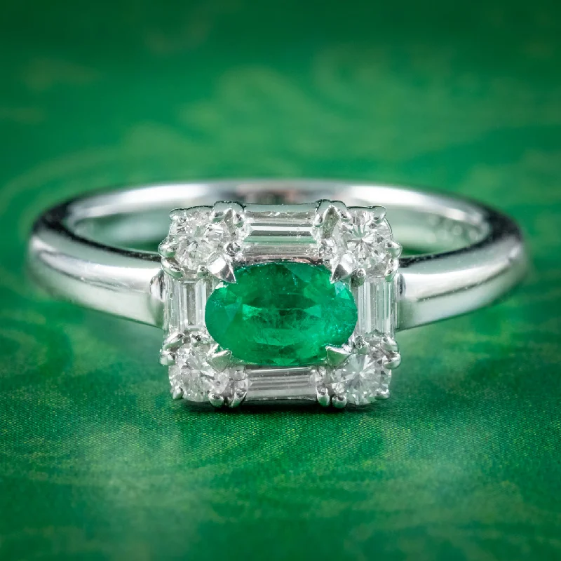 Dainty gold rings-Art Deco Style Emerald Diamond Ring 0.41ct Zambian Emerald