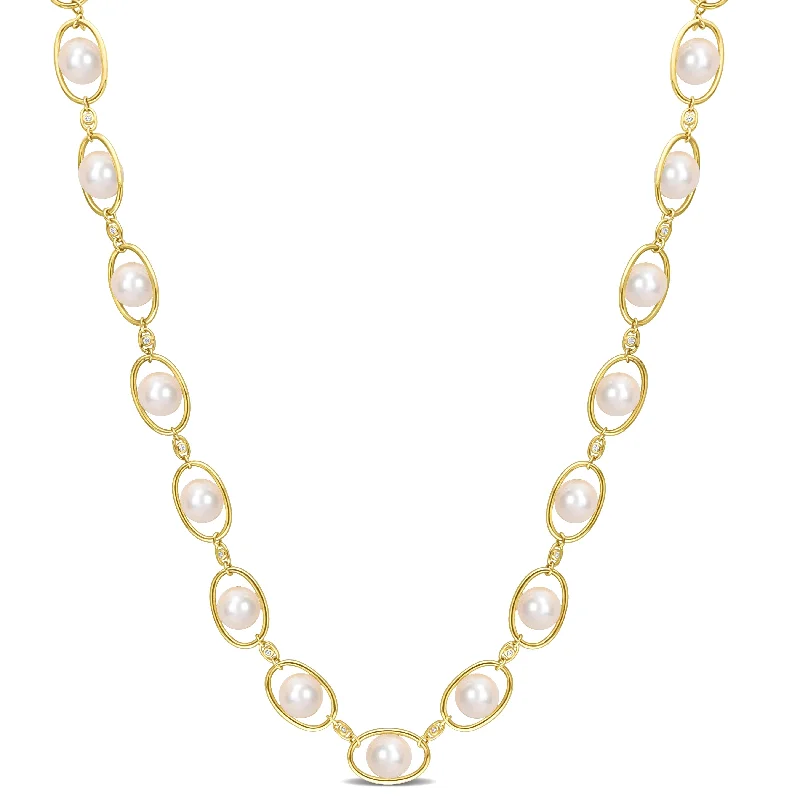 Miadora 8-8.5mm Cultured Freshwater Pearl and 1/3ct TGW Cubic Zirconia Oval Link Necklace in 18k Yellow Silver22 in