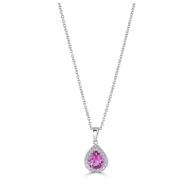 Topaz stone engagement rings-18ct White Gold Pear Cut Pink Sapphire & Diamond Halo Cluster Pendant