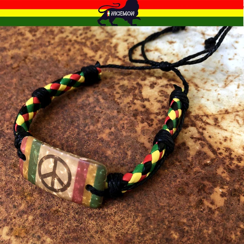 Tiny pearl bangles-Rasta Fashion Bracelet Leather Wrist Cuff Peace Sign Emblem Jamaica Reggae IRIE