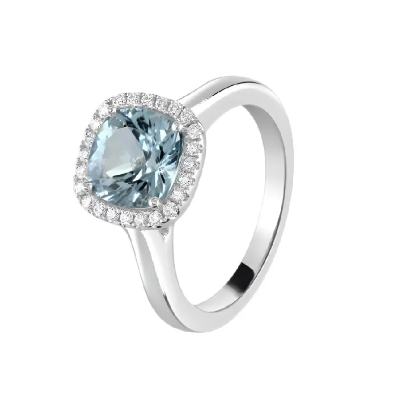 Faith charm engagement rings-18ct White Gold Cushion Cut Aquamarine and Diamond Halo Cluster Ring