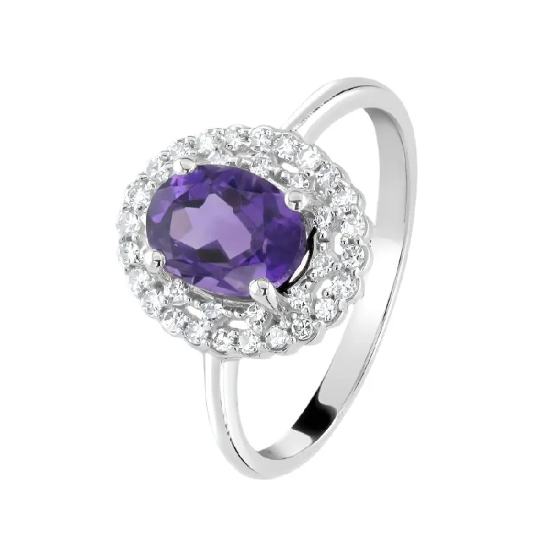 Retro emerald engagement rings-9ct White Gold Oval Cut Amethyst & Diamond Cluster Ring