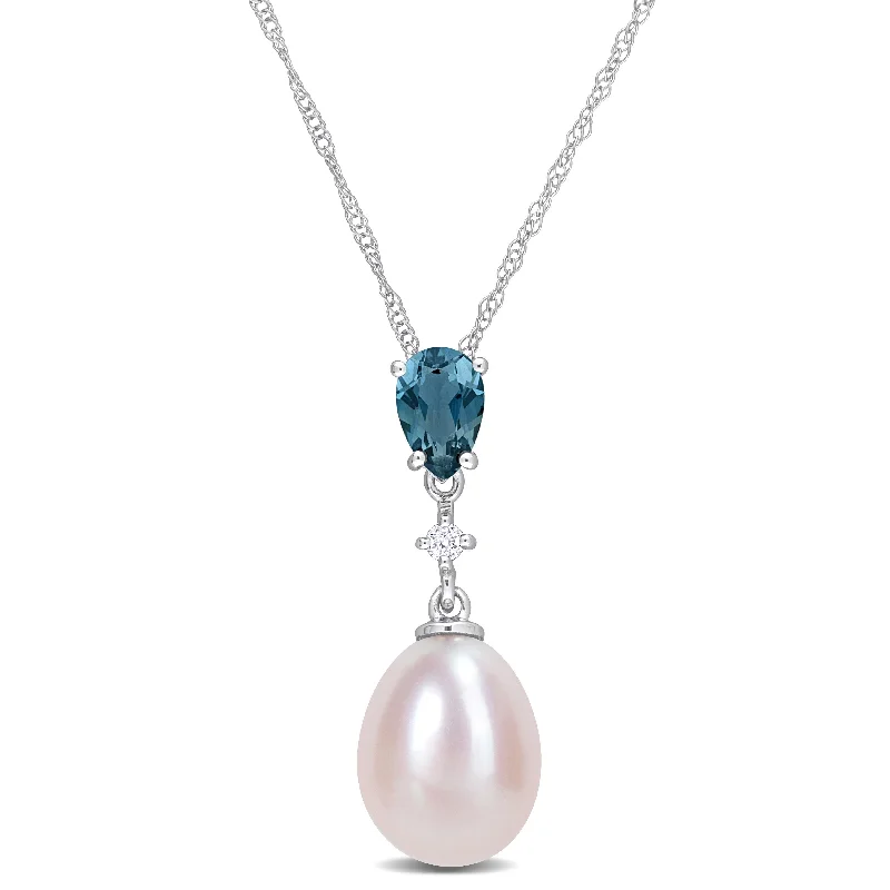 Miadora Pink Cultured Freshwater Pearl 1/2ct TGW Blue Topaz Diamond Accent Necklace 10k White Gold