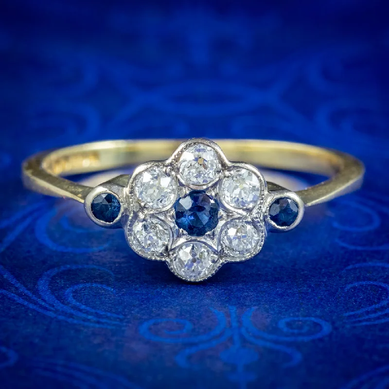 Spinel cut rings-Edwardian Style Sapphire Diamond Daisy Cluster Ring