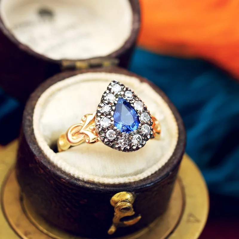 Light filigree rings-Georgian Styled Pear cut Sapphire & Diamond Ring