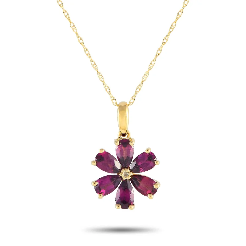 Yellow Gold 0.01ct Diamond and Rhodolite Flower Necklace PD4-15845YRHOD Length 18 Inch