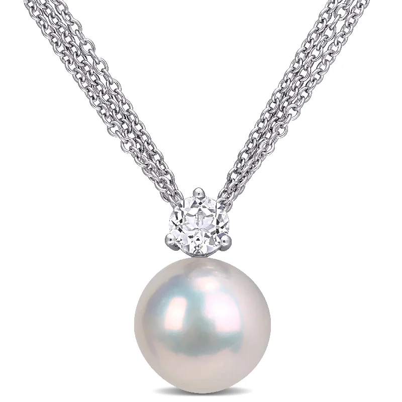 Miadora Sterling Silver Cultured Freshwater Pearl and White Topaz Multi-Chain Necklace (11-12 MM)