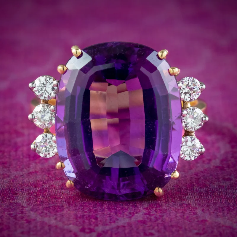 Sleek band rings-Vintage Amethyst Diamond Cocktail Ring 16ct Amethyst