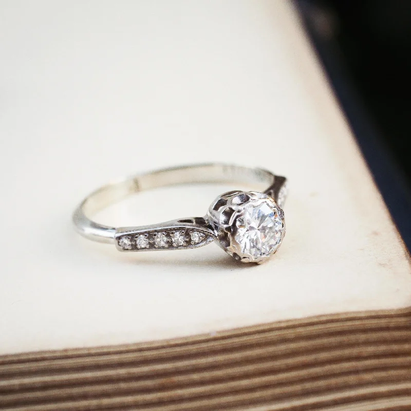 Small flower rings-Vintage White Gold Diamond Solitaire Engagement Ring