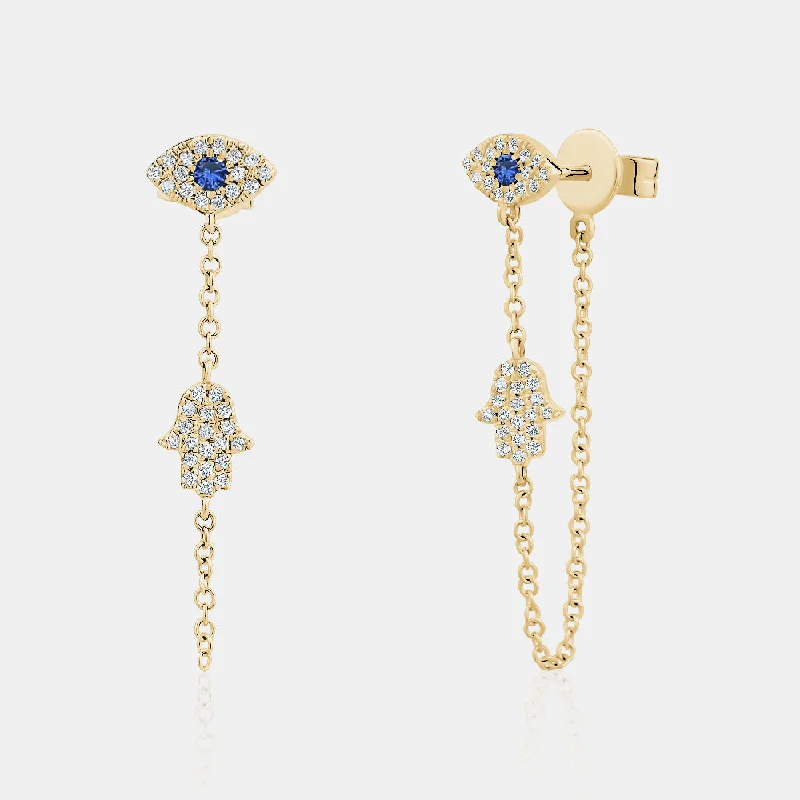 Flat knot earrings-Evil Eye Hamsa Chain Earrings