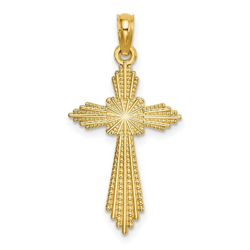 Curata 14k Yellow Gold Heavily Beaded Sunburst Cross Necklace 16mm 24.2mm