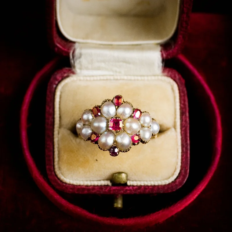 Owl motif rings-Thou Dost Enthrall Me! Antique Georgian Ruby & Natural Pearl Cluster Ring