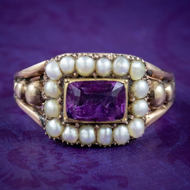 Linen cord rings-Antique Georgian Amethyst Pearl Ring 1.5ct Amethyst