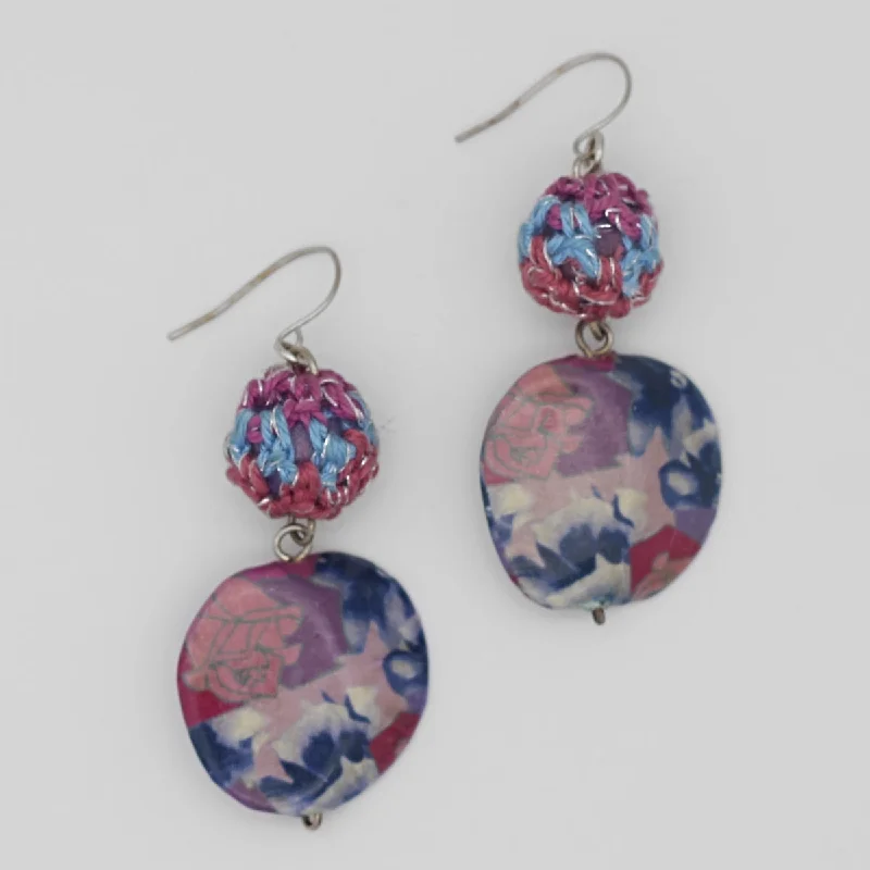 Thick bar earrings-Pink Floral Decoupage Statement Earrings