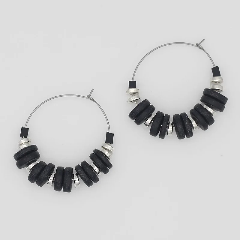 Wave drop earrings-Black and Silver Hoop Dangle Earring