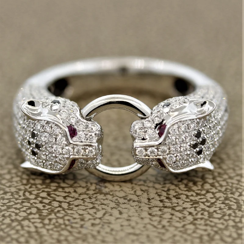 Radiant star rings-Diamond Ruby “Twin Panther” Gold Ring