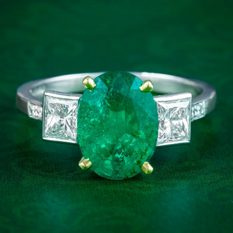 Smooth stone rings-Art Deco Style Emerald Diamond Trilogy Ring 2.51ct Emerald With Cert