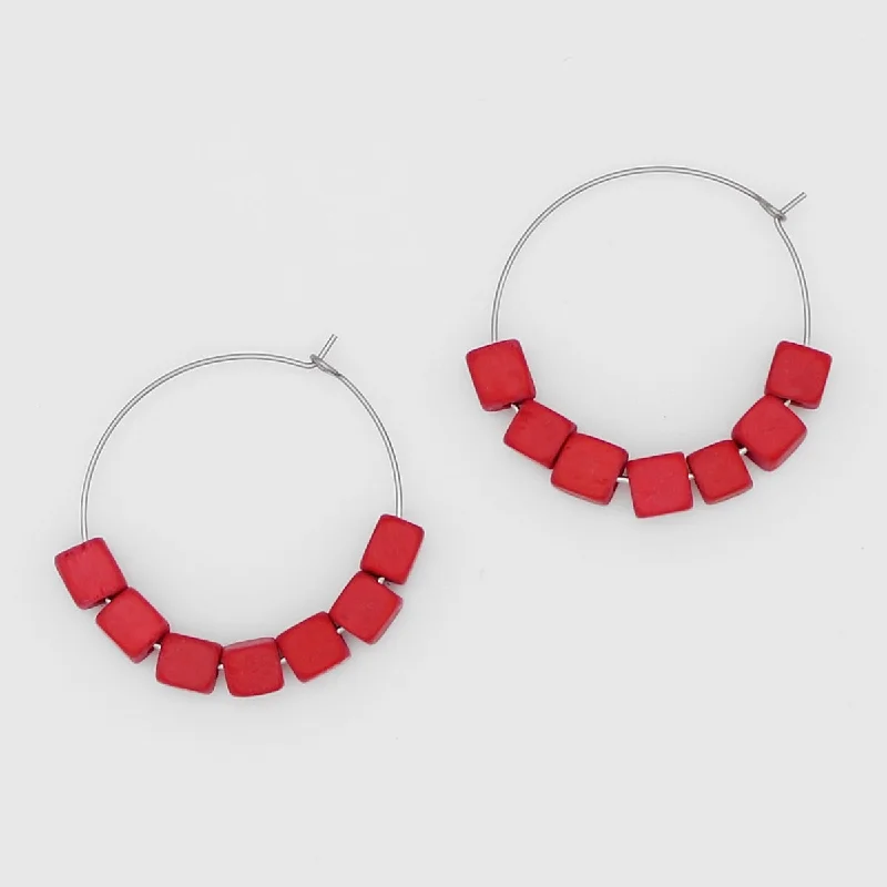 Vivid druzy earrings-Red Cubist Hoop Earring