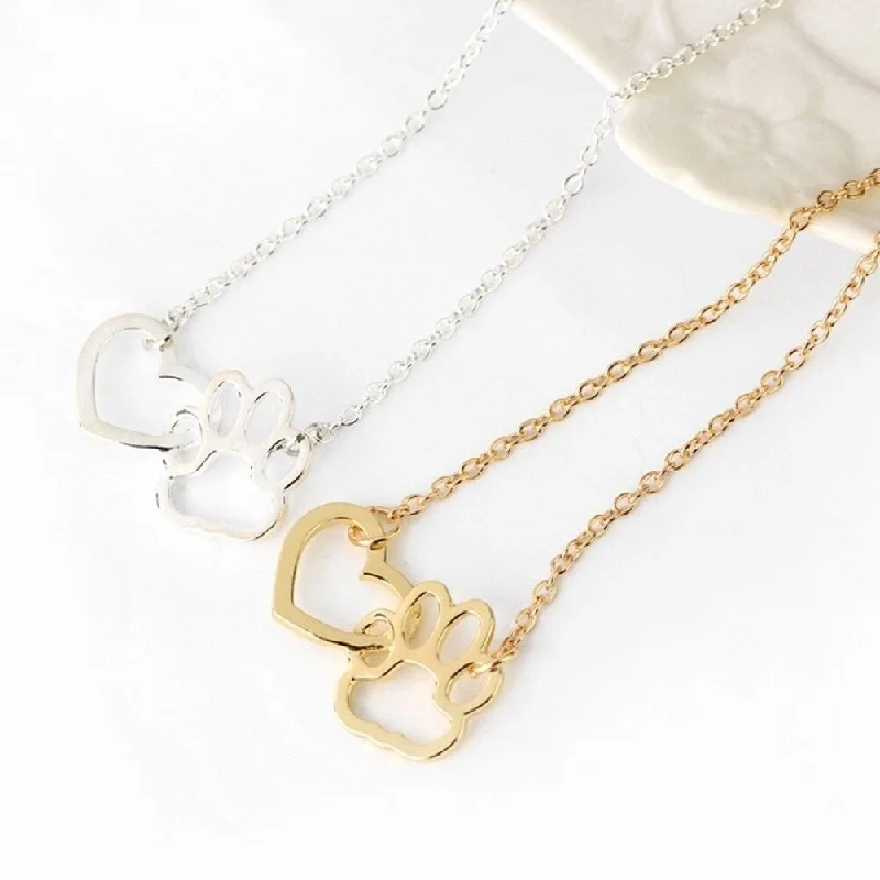 Women Fashion Dog Claw Paw Pendant Girl Heart Hollow Charm Necklace Jewelry Gift - no