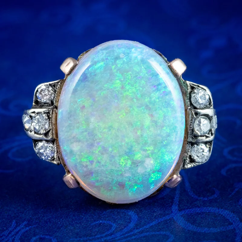 Frosted bead rings-Antique Victorian Opal Diamond Ring 8ct Natural Opal