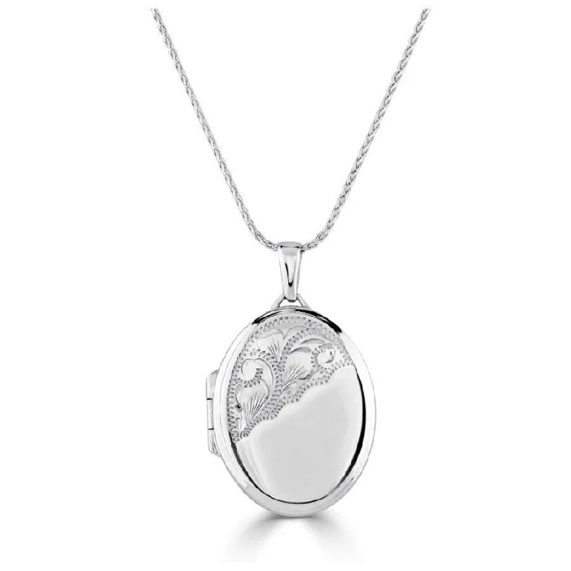 Bold gem engagement rings-9ct White Gold Half Engraved Oval Locket