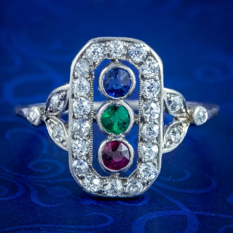 Crystal-twisted rings-Antique Art Deco Emerald Ruby Sapphire Diamond Cluster Ring