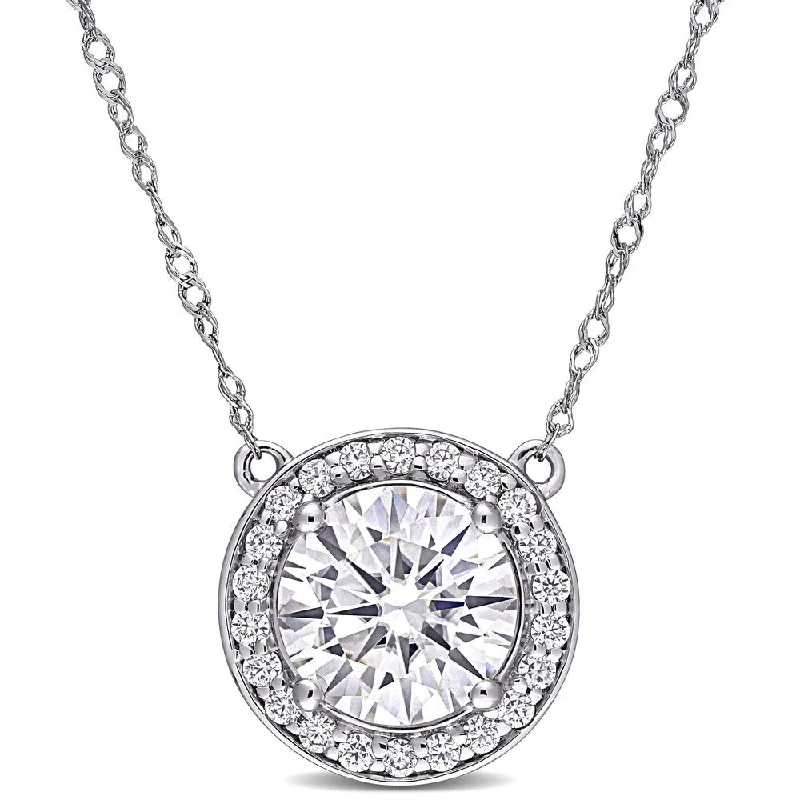 Miadora 2 1/5ct DEW Moissanite Halo Necklace in 14k White Gold - 12.1 mm x 17 in x 12.1 mm