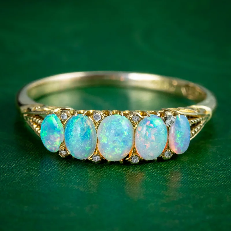 Satin band rings-Antique Victorian Opal Diamond Five Stone Ring 1.1ct Total