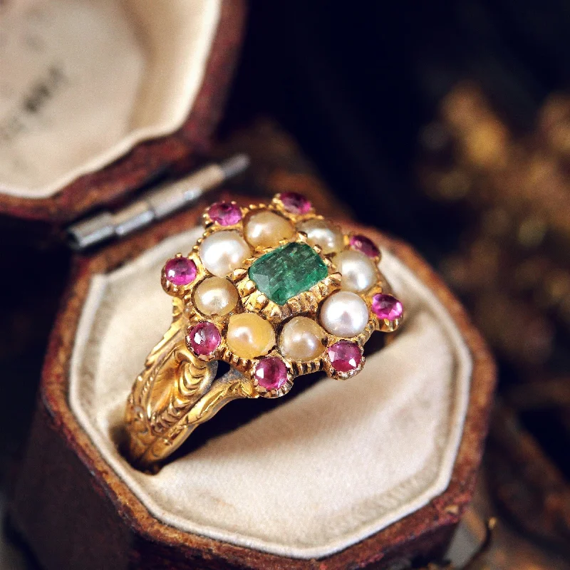 Owl motif rings-Exquisite Antique Georgian Emerald, Pearl and Ruby Ring